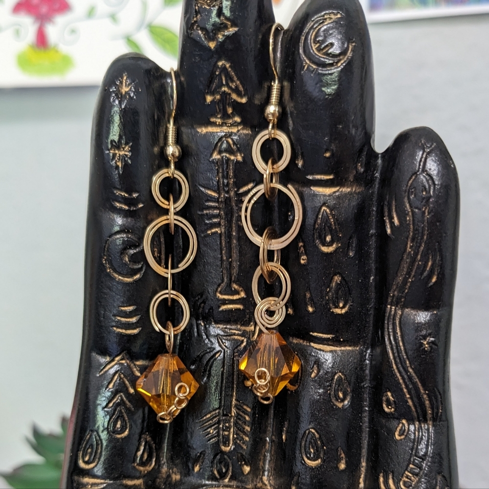 Gold & Czech Glass Earrings Mini Hoops Spiral Amber Artisan Wrapped Cute Unique - Picture 7 of 7